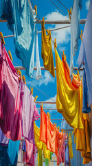 A Vibrant Clothesline Display: An Array of Colorful Garments Drying in the Sun, Bringing Cheer and Life to Everyday Household Chores and Outdoor Spaces