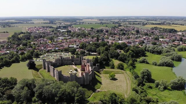 Static drone shot showing the whole of Framingham and the castle in Suffolk, UK. 21.06.25