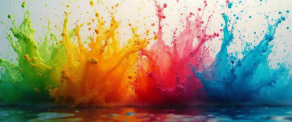 Fototapeta premium Abstract background featuring a dynamic splash of vivid, overlapping colors like neon greens, electric blues, and fiery oranges, resembling a chaotic yet harmonious dance of water droplets on a canvas