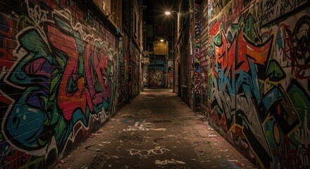 Obraz premium Graffiti-Lined Alleyway at Night: Urban Art and Dim Lighting