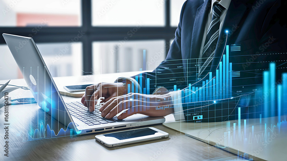 Poster professional using modern technology for stock market analysis and investment strategy with a digita