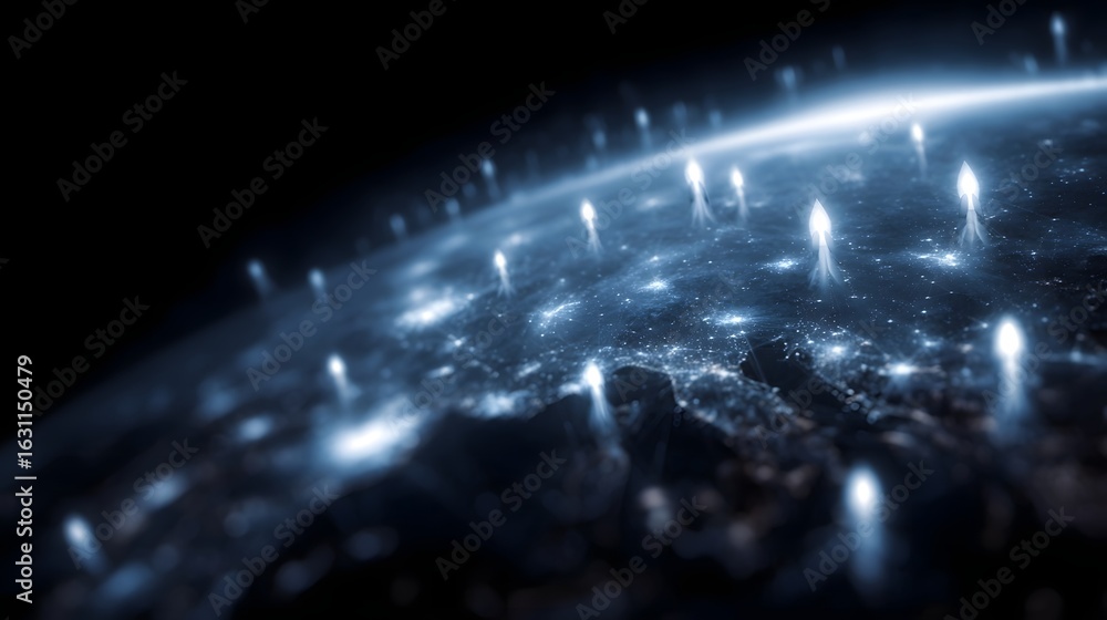 Poster interconnected global trade network with dynamic rocket icons symbolizing rapid growth