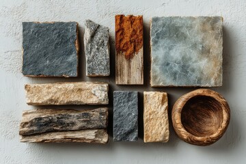 Flatlay of various stone and wood samples