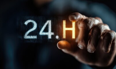 Hand hovering over a glowing "24.H" graphic