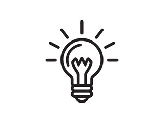 Black Line Art Light Bulb Icon Shining Brightly on a White Background