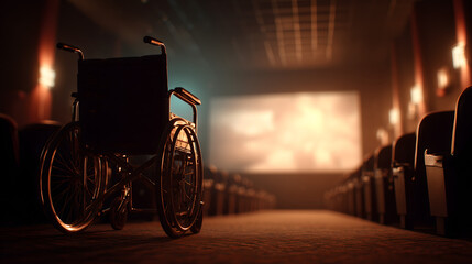 Empty wheelchair in a dimly lit movie theater facing the screen, symbolizing accessibility, inclusion, special needs awareness, disability representation, and accessible entertainment spaces


