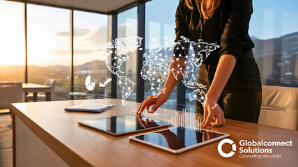 Professional businesswoman interacting with a holographic world map for global business strategy and data visualization in a modern office.