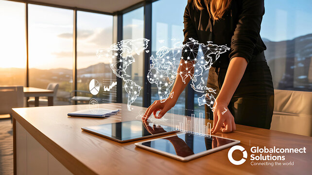 Professional businesswoman interacting with a holographic world map for global business strategy and data visualization in a modern office.