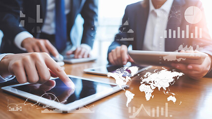 Business team collaborating on global strategy, analyzing financial data on digital tablets with futuristic holographic charts