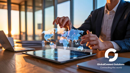 Businessman using a futuristic holographic interface showing a world map for global business strategy and connectivity.