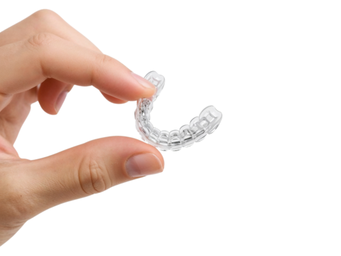 Hand delicately holding a transparent dental aligner against a contrasting isolated backdrop