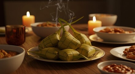 Warm Ketupat and Festive Dishes on a Wooden Table at Night, Glowing Candles, Delicious Indonesian Cuisine