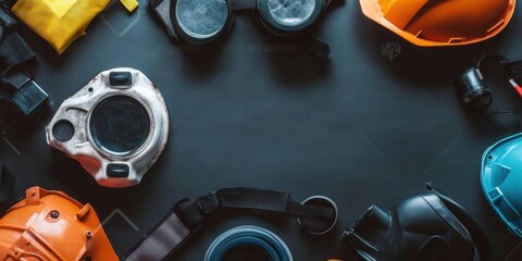 gear up, Protective tools on flat lay with Dark backdrop and Safety equipment.