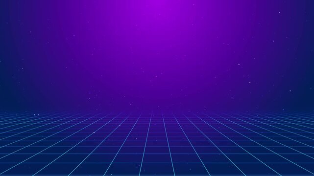 Dynamic digital scene shows glowing particle effects over neon grid floor sci-fi environments, retro tech animations, virtual stages, vaporwave visuals, user interfaces, digital backdrop, gaming intro