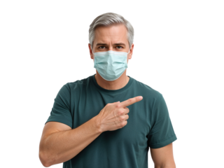 Mature man wearing a surgical mask pointing to the side against an isolated transparent background