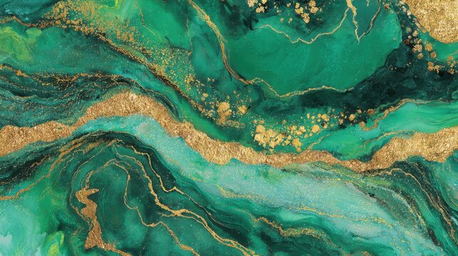 Swirling hues of green and gold merge beautifully, forming a captivating abstract design. This vibrant artwork evokes a sense of tranquility and elegance, perfect for various decor styles.