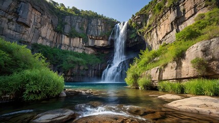 Obraz premium Serene waterfall cascading down rocky cliffside into tranquil pool
