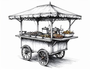 Detailed Black and White Sketch of a Vintage Mobile Food Vendor Cart