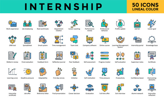 Internship icons set with work experience, job shadowing, real world tasks, department rotation, career coaching, performance review, professional behavior icon. Simple flat outline vector 
