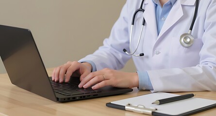 Doctor typing on laptop with stethoscope and clipboard