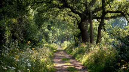 A quiet footpath lined with green trees and wildflowers, sunlight creating a glowing canopy 
