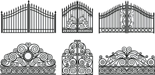 Decorative wrought iron gates and fence elements set, elegant vintage black gate tops and ornate entrance fence vector illustrations.