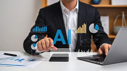 Businessman leveraging artificial intelligence for data analytics with interactive charts and graphs on a futuristic holographic interface.