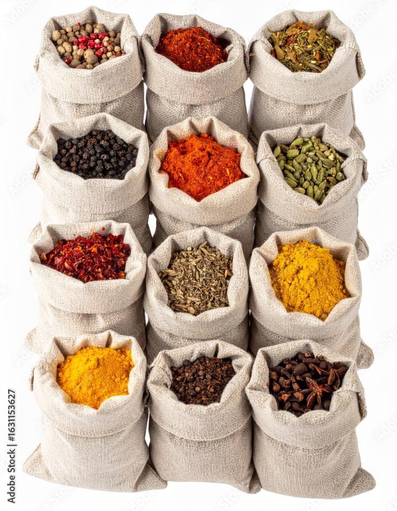 Poster assorted spices in burlap sacks stacked on white background offering a variety of colors textures