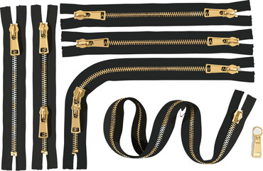 Black and gold zippers, CAD vector drawing, fashion accessories, zipper variations, flat illustration, sewing elements, technical sketch, zipper types © Nur-Nobin Creations