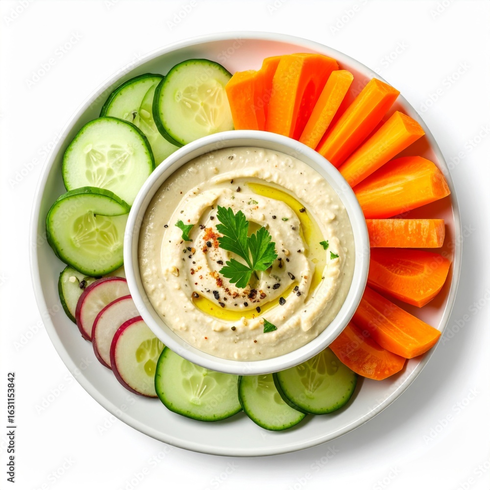 Poster overhead view of hummus dip with cucumber carrot and radish slices on a white plate