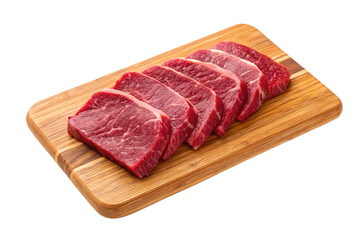 Sliced Raw Meat on Wooden Cutting Board – Isolated on White Background