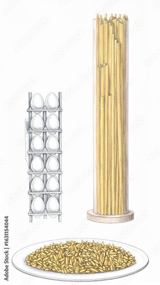 Poster pile of uncooked pasta in various forms on white background for culinary use