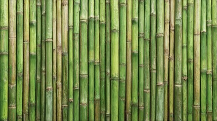 Fototapeta premium Close-up view of vertical bamboo stalks showcasing their vibrant green color and unique textures, creating a natural backdrop or decorative element in a serene setting.