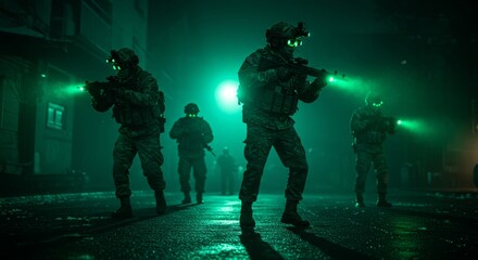 Fototapeta premium Tactical Military Operation Under Night Vision in Urban Setting