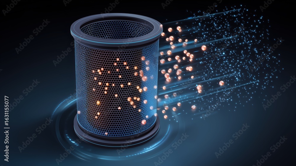 Poster air filter mechanism and pollution concept, 3d air filter with particles flowing through a mesh desi