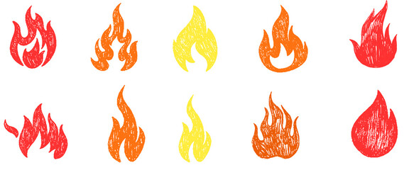 Fire flame icon. Crayon vector logo. Hot fire on white background. Flame simple illustration. Graphic heat symbol. Abstract silhouette, hell element clipart. Red stroke shape. Scribble punk pastel art