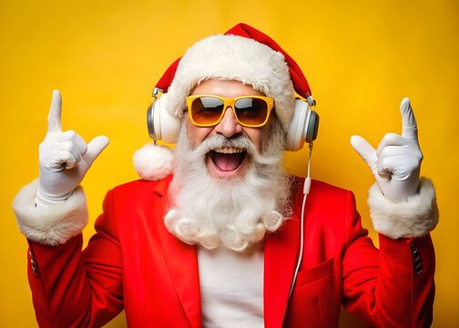 Photo of excited santa claus with headphones and stylish sunglasses, dressed in a red suit and hat, enthusiastically raising hands on a vibrant yellow background, enjoying the festive season