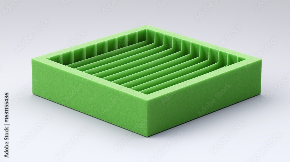 Poster air filter mechanism and pollution concept, 3d model of a green box with internal ridges and a textu
