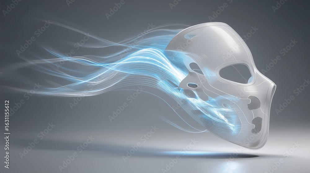 Poster air filter mechanism and pollution concept, abstract skull design with flowing lines and glowing eff