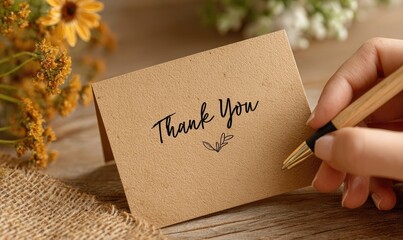 Hand writing thank you note on kraft card