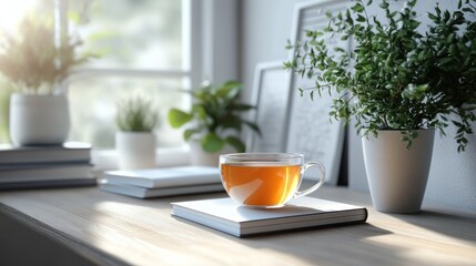 Fototapeta premium Cozy windowsill with tea and books