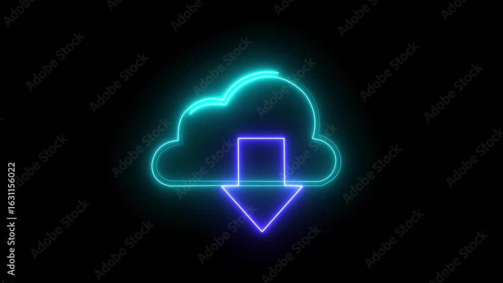 Poster cloud computing glowing neon downloading icon animation. . neon cloud storage with arrows, cloud com