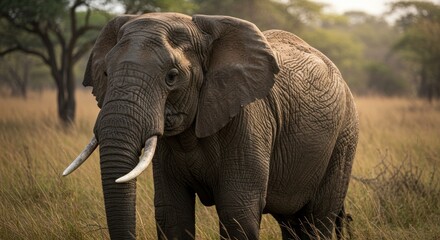 Obraz premium Majestic African Elephant Portrait: Wrinkled Skin, Ivory Tusks, Golden Grass
