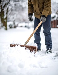 Naklejka premium Person shovelling snow from a driveway during a winter storm