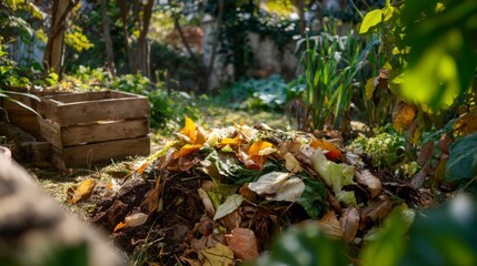 Obraz premium Compost pile made of kitchen scraps and dry leaves in a sunny corner of a backyard garden 