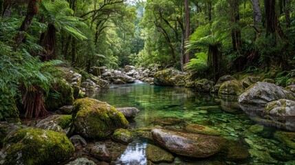 Obraz premium Crystal-clear river flowing through a dense rainforest, surrounded by vibrant green ferns and moss-covered rocks 