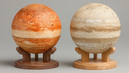 Two terrestrial globes, one orange/red, one beige/tan, on wooden stands
