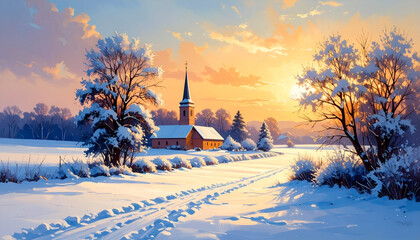 Snowy Church Sunset Landscape.