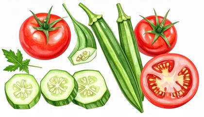 Fototapeta premium Watercolor Composition of Red Tomatoes Green Okra and Cucumber Slices on White Backdrop