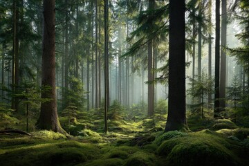 Naklejka premium Lush Green Forest Landscape with Sunlight Filtering Through Trees, Creating a Mystical and Serene Atmosphere